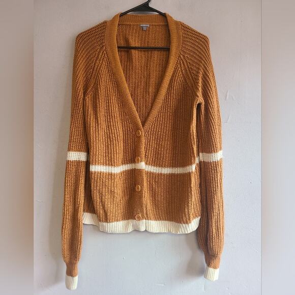 Women's large plush sweater cardigan brown white accent stripe button up - Picture 1 of 6